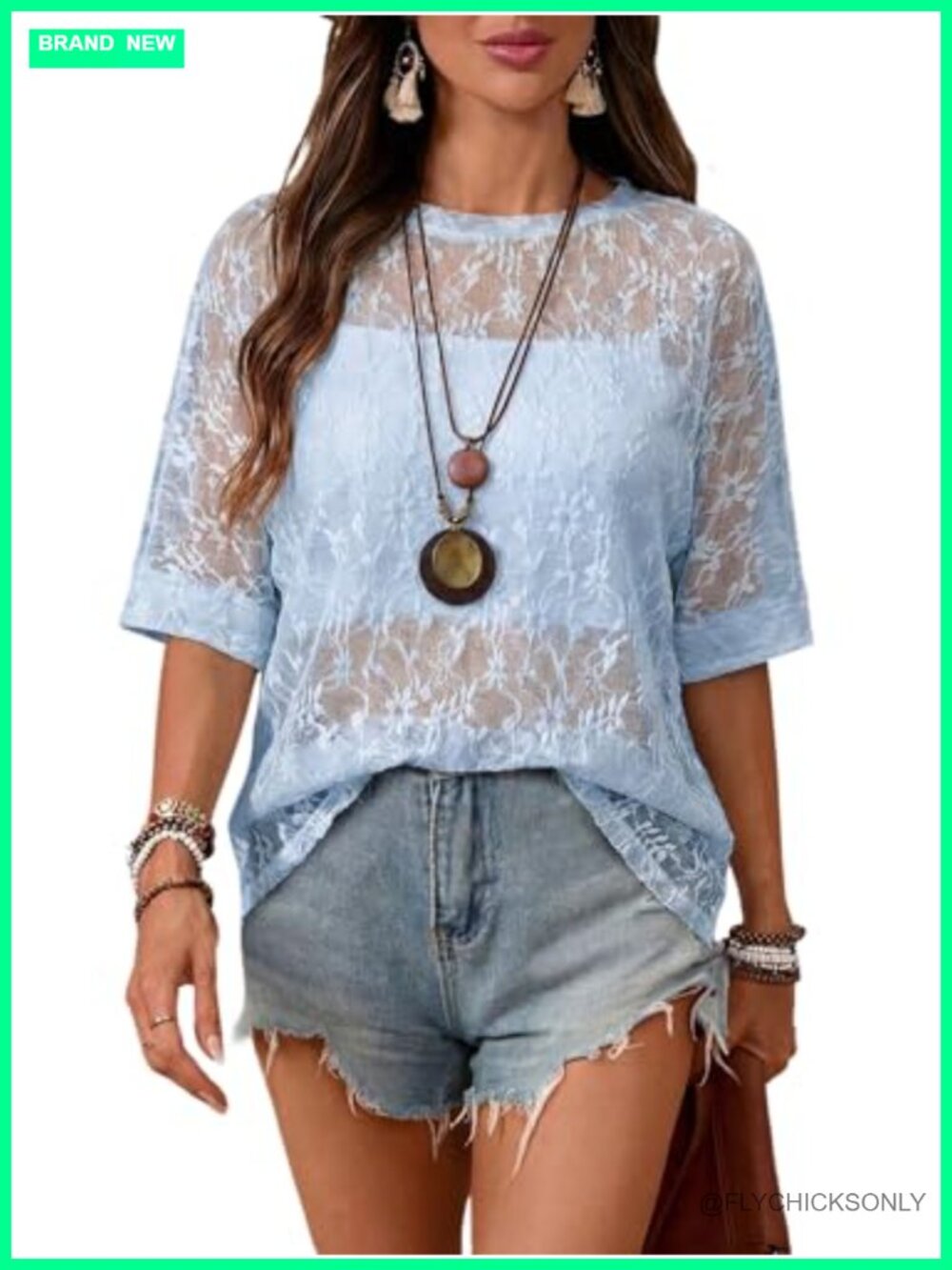 Boho Short Sleeve Floral Mesh Lace Top Sheer Loose Fit Women's Summer Blouse